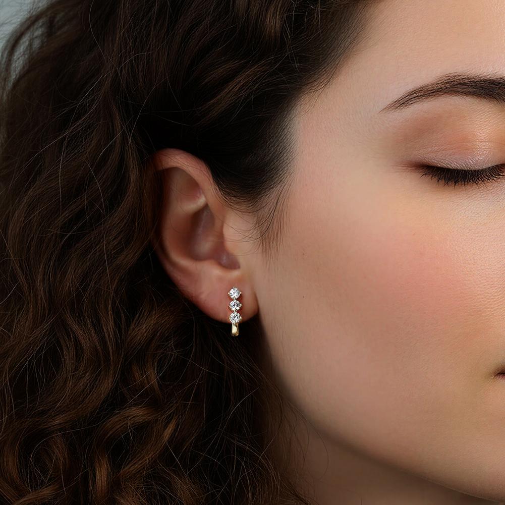 Factory Source Jewelry Позолоченное Серебро S925 Тройные Вертикальные Круглые Серьги-Хуппи с Муассанитами Три Бусины Штифтовые Линейные