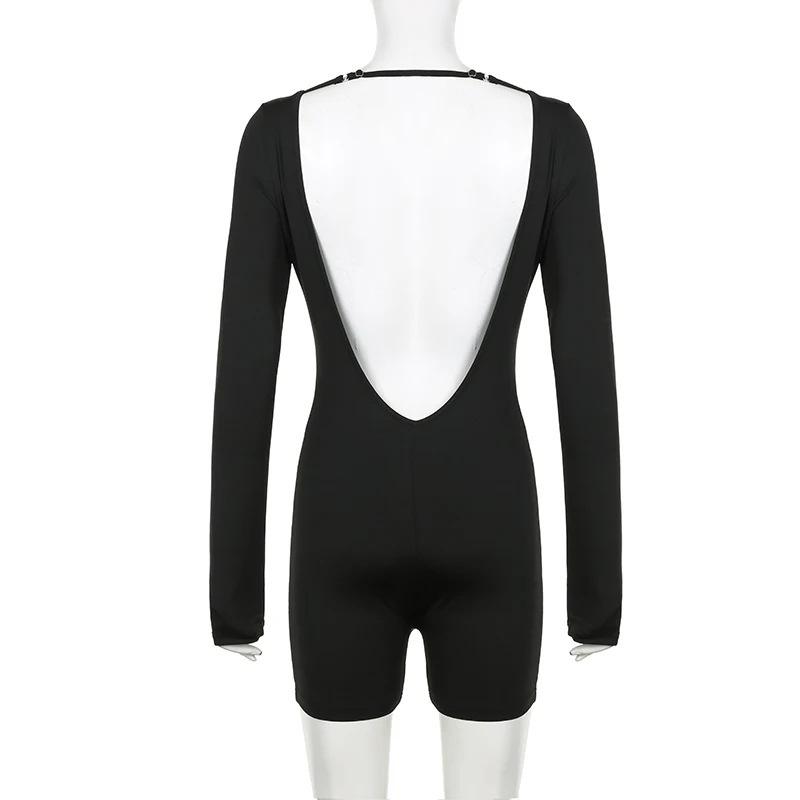 Европейский и американский осенний однотонный облегающий комбинезон с круглым вырезом и длинными рукавами, открытой спиной, для темпераментной пикантной девушки