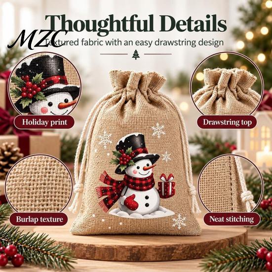 Christmas Party Favor Bags Jute Burlap Gift Bags, Drawstring Treat Candy Festive Wrapping Bag, Reusable Linen Packaging Pouch for Holiday Favors Craft