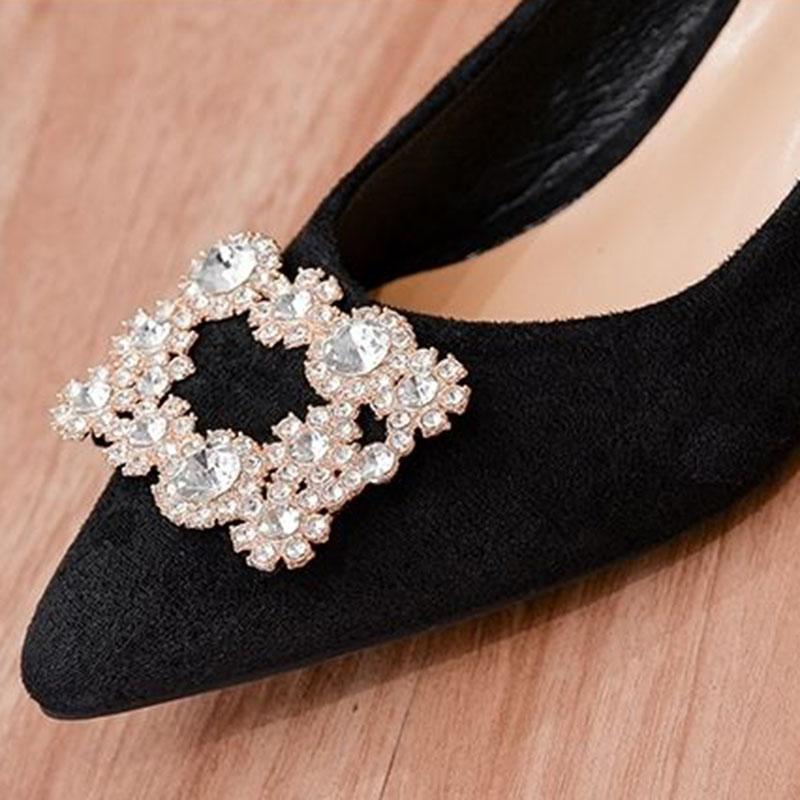 Rhinestone Suede Thick Heel Shoes Spring and Autumn Versatile Pointy Shallow Flat French Black Work Shoes