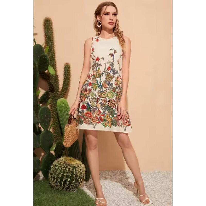 Womens Elegant Floral Digital Print Sleeveless Midi Dress With Elastic Waist Boho Chic