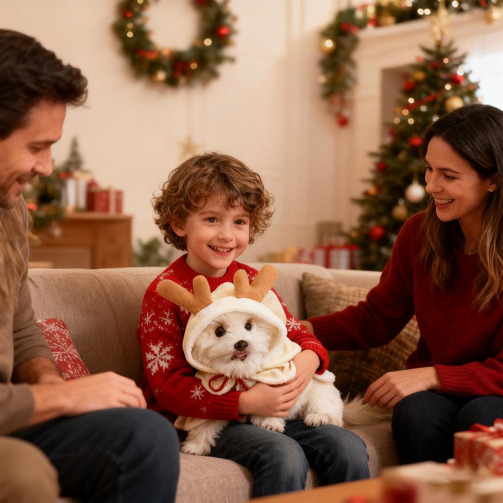 Christmas Pet Hooded Cape With  Antlers - Soft Festive Costume For Small Dogs & Cats, Holiday Party Outfit