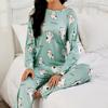 Женский милый пижамный комплект с зеленым принтом кошки, топ с длинным рукавом и брюки, одежда для сна, одежда для дома, комплект из 2 предметов, мягкая удобная пижама