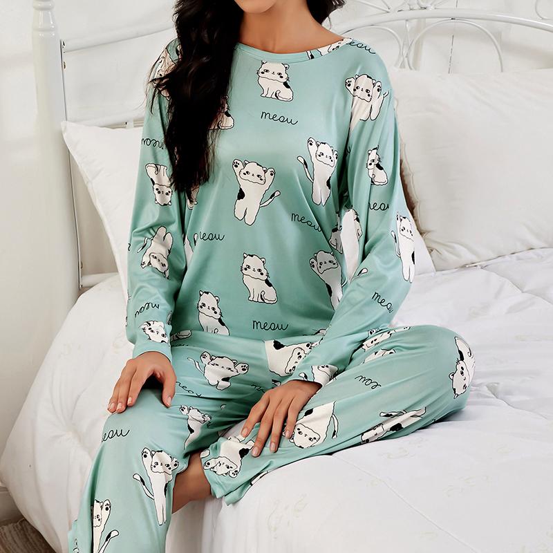 Женский милый пижамный комплект с зеленым принтом кошки, топ с длинным рукавом и брюки, одежда для сна, одежда для дома, комплект из 2 предметов, мягкая удобная пижама