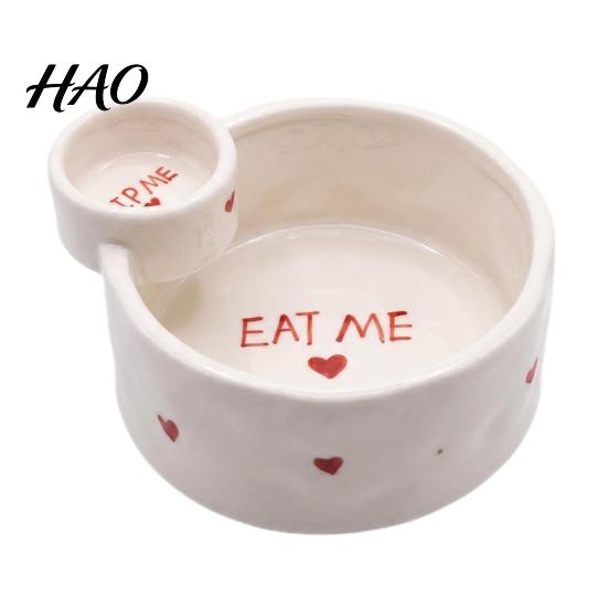 Kitchen Gadgets for Sides French Fries Bowl with Sauce Dipping Compartment, Heat Resistant Ceramic Snack Heart Pattern Print Serving Dish Server,