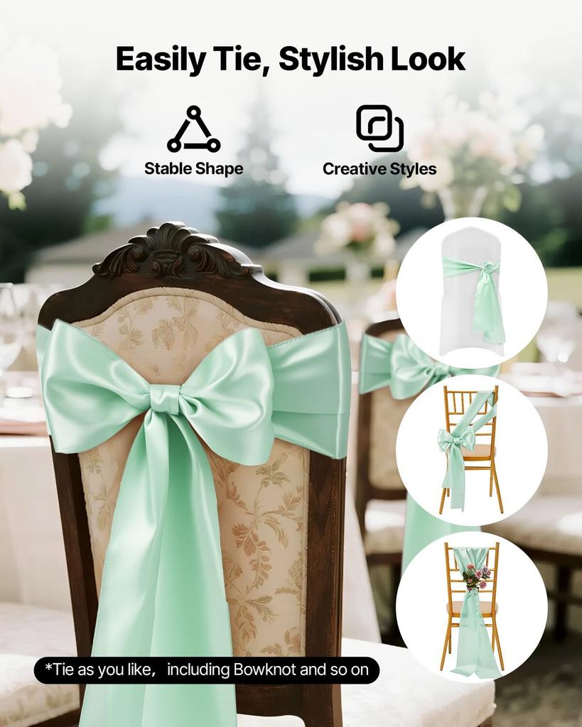 Satin Chair Sashes Bows, 100PCS Chair Ribbon Ties Back Sash, 7 x 108 inch, Light Green Wedding Reception Decoration, for Wedding Ceremony Baby Shower