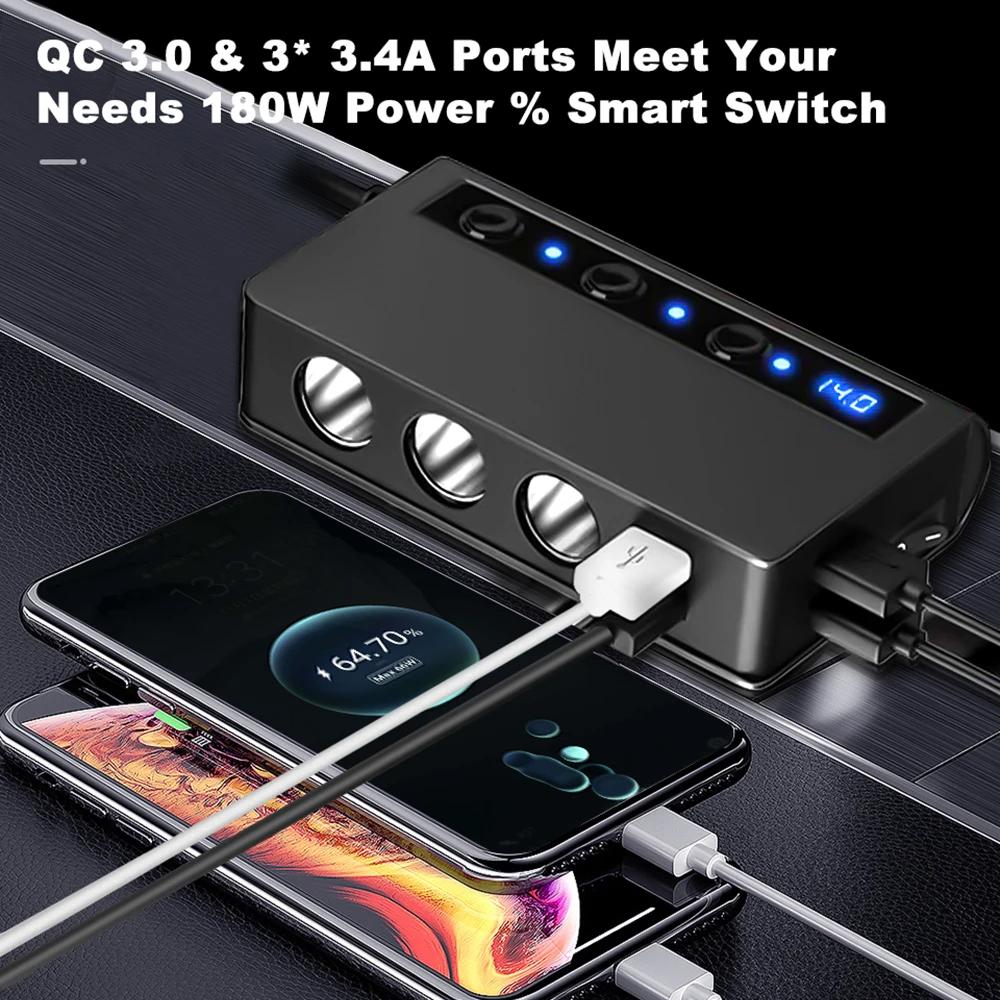 12-24V Car Cigarette Lighter 3 Sockets Splitter Adapter 180W Auto 3/4 USB QC3.0 Power Socket With ON/OFF LED Voltage Car Charger
