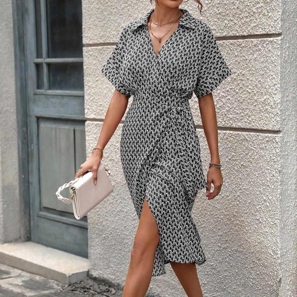 Женское летнее длинное платье с принтом, повседневное и модное, с поясом, V-образным вырезом и короткими рукавами, удобное платье