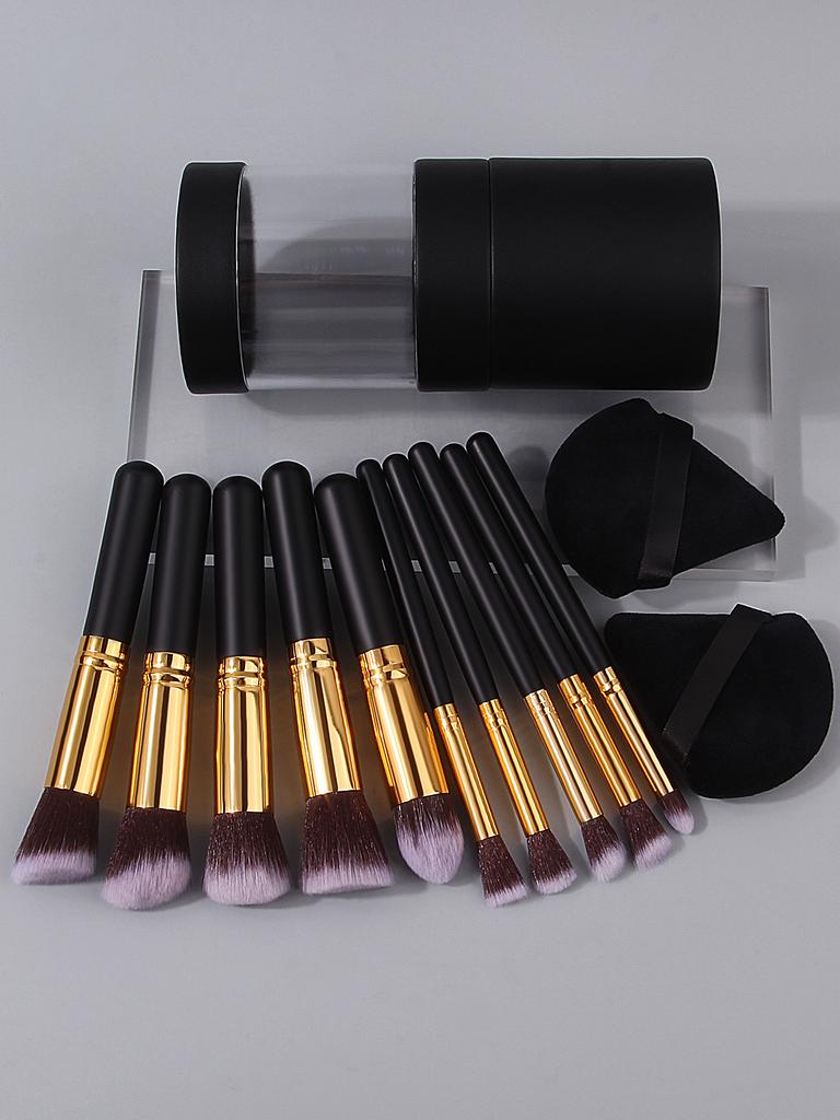 13PCS Black PU Storage Bucket Set of 10 Soft-bristled Makeup Brushes, Portable Dry and Wet Dual-purpose Sponge Powder Puff Set