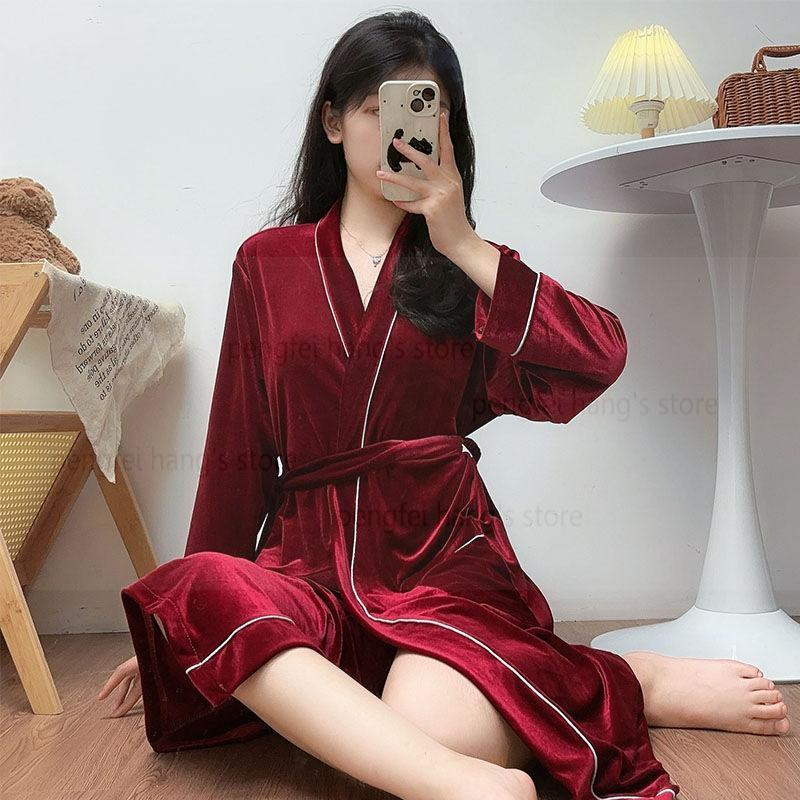 Халат бархатная ночная рубашка женская домашняя одежда с карманами осенне-зимний жилет с длинным рукавом кимоно халат платье