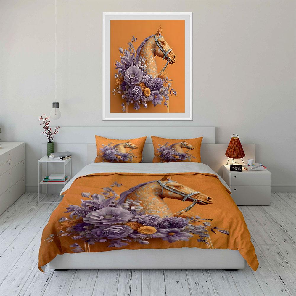 Elegant Horse with Floral Design Bedding Duvet Cover Set (1*Duvet Cover 2*Pillowcases, without duvet insert)