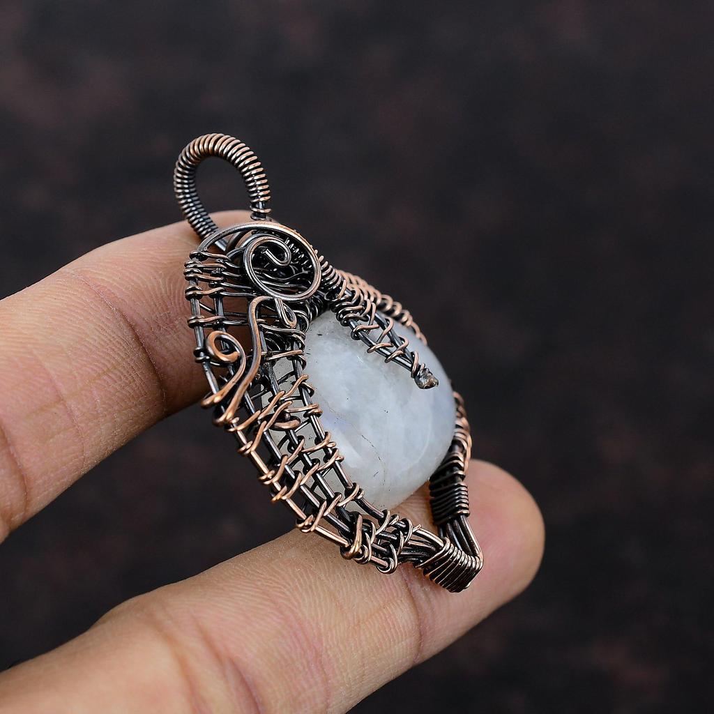 Подвеска Rainbow Moonstone, подвеска из медной проволоки с драгоценным камнем, подвеска ручной работы в стиле бохо, медная бижутерия, подвеска для подарка, ювелирные изделия с проволочной обмоткой