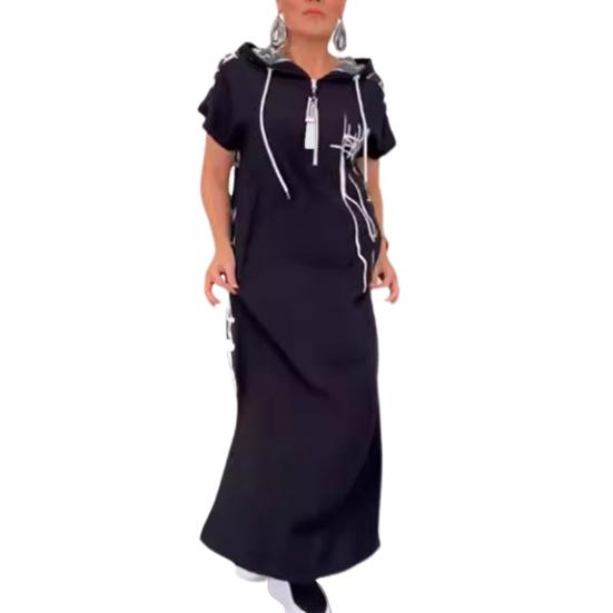 Summer Maxi Dress Zippered Hooded Drawstring Short Sleeves Loose Spit Hem Printed Patchwork Casual Daily Wear Long Dress