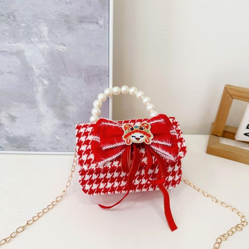 Red Delightful Cute Bowknot Childrens Handbag With Trendy Chain And Pearl Handle