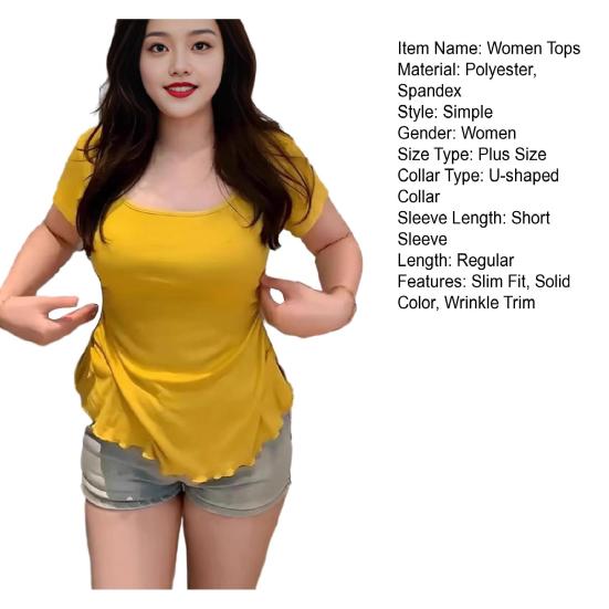 Women Tops Soft Elastic U-Neck Shirt Short Sleeve Slim Fit Blouse with Waist Pleats Solid Color Pullover Tops Daily Wear