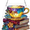 Floral Tea Cup And Book Suncatcher, Stained Glass Effect Window Hanging Ornament, DIY Acrylic Sun Catcher Puzzle Kit for Garden