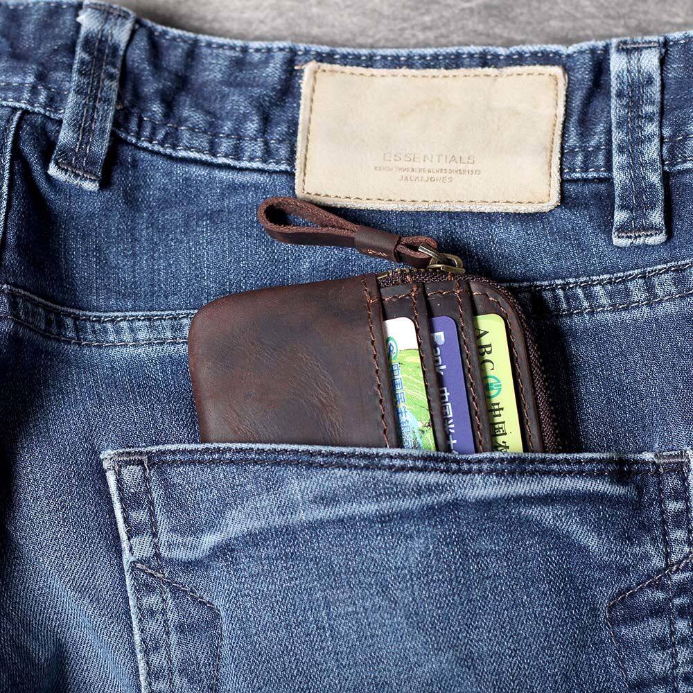 Многослотовое ретро кофейное ручной работы из кожи Crazy Horse мужское дизайнерское портмоне на молнии для монет и кредитных карт, маленькие кармашки