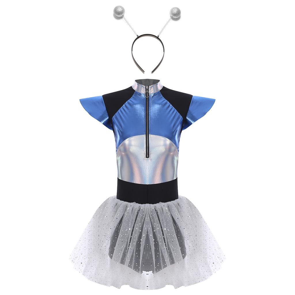 Womens Space Cadet Costume Fly Sleeve Front Zip Sequined Tulle Skirt Boyshorts Spaghetti Jumpsuit with Silver Hair Hoop Headband for Alien Astronaut
