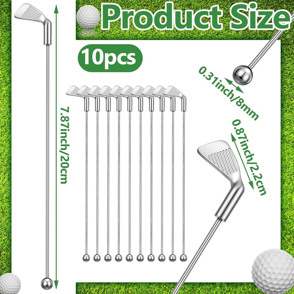 Hushee 10 Pcs Metal Golf Cocktail Stirrers Swizzle Stir Sticks 7.87 Inch Reble Drink Stirrer Sticks Party Decorations Golf Party Clubhouse and Outing