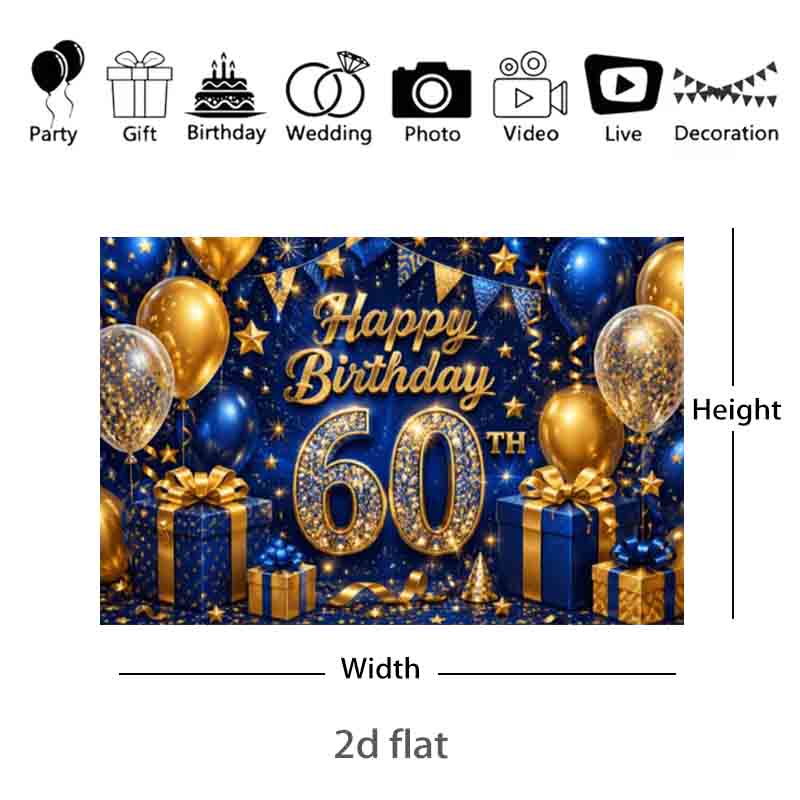 Royal Blue Gold Glitter 60th Happy Birthday Photography Backdrop Balloon Gift Box Confetti 60 Years Adult Birthday Party