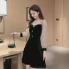 "2023 Spring/Autumn Plus Size Polka Dot Mesh Waist Velvet Black Dress"
