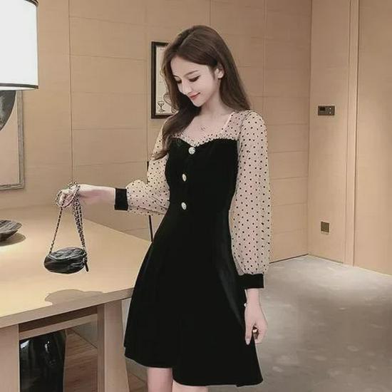 "2023 Spring/Autumn Plus Size Polka Dot Mesh Waist Velvet Black Dress"