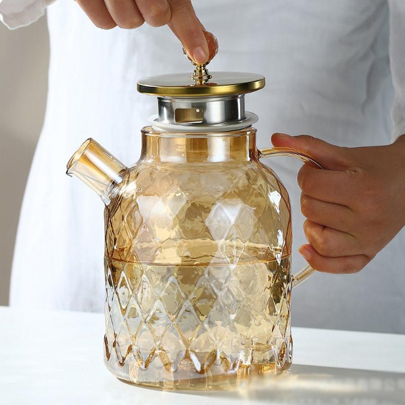 Стеклянный чайник 1/1,8 л с крышкой и фильтром, чайник для шампанского, холодо- и жаростойкий, заварочный чайник для распускающегося чая, фруктового чая, янтарный