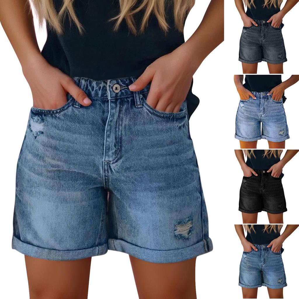 Women's Solid Color Jeans Stretch Slim Fit Distressed Denim Shorts