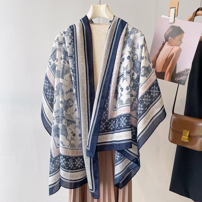 Exotic big shawl sunscreen silk scarf women's retro ethnic style cotton and linen vacation beach scarf yarn cover