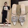 Pointed Toe High Heel Fashion Sandals Women's Summer Closed Toe Rhinestone Ankle-Strap Stilettos Sandals