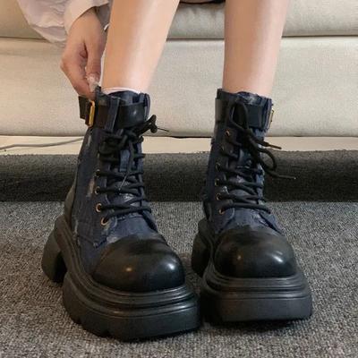 Модные женские ботильоны ковбойские на шнуровке синие из искусственной кожи дизайнерские роскошные больших размеров теплая обувь осенние готические женские короткие ботинки