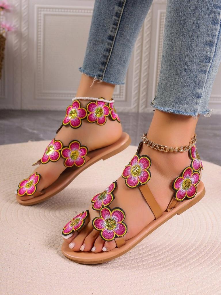 2024 Красочные вышитые искусственные цветы модные сандалии на плоской подошве летняя уличная пляжная обувь дорожная обувь для мам размер 42