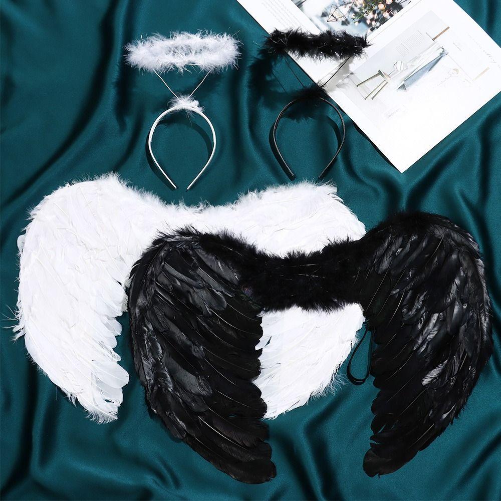 Black White Red Pink Angel Wings & Halo Feather Fancy Dress Props Party Supplies Fairy Adults&Kids