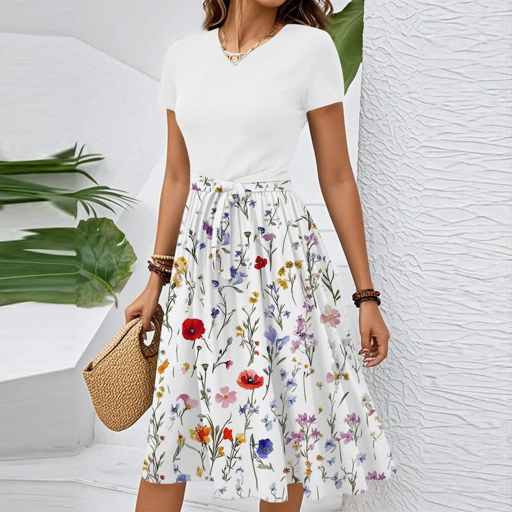 Women's Casual Fashion Belted Floral Print Short Sleeve Round Neck Elegant Dress
