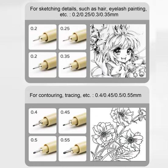 12 шт. ручек для рисования, набор микроручек для рисования, водостойкие пигментные чернила, гладкий нейлоновый наконечник, неразмазывающиеся ручки для художников