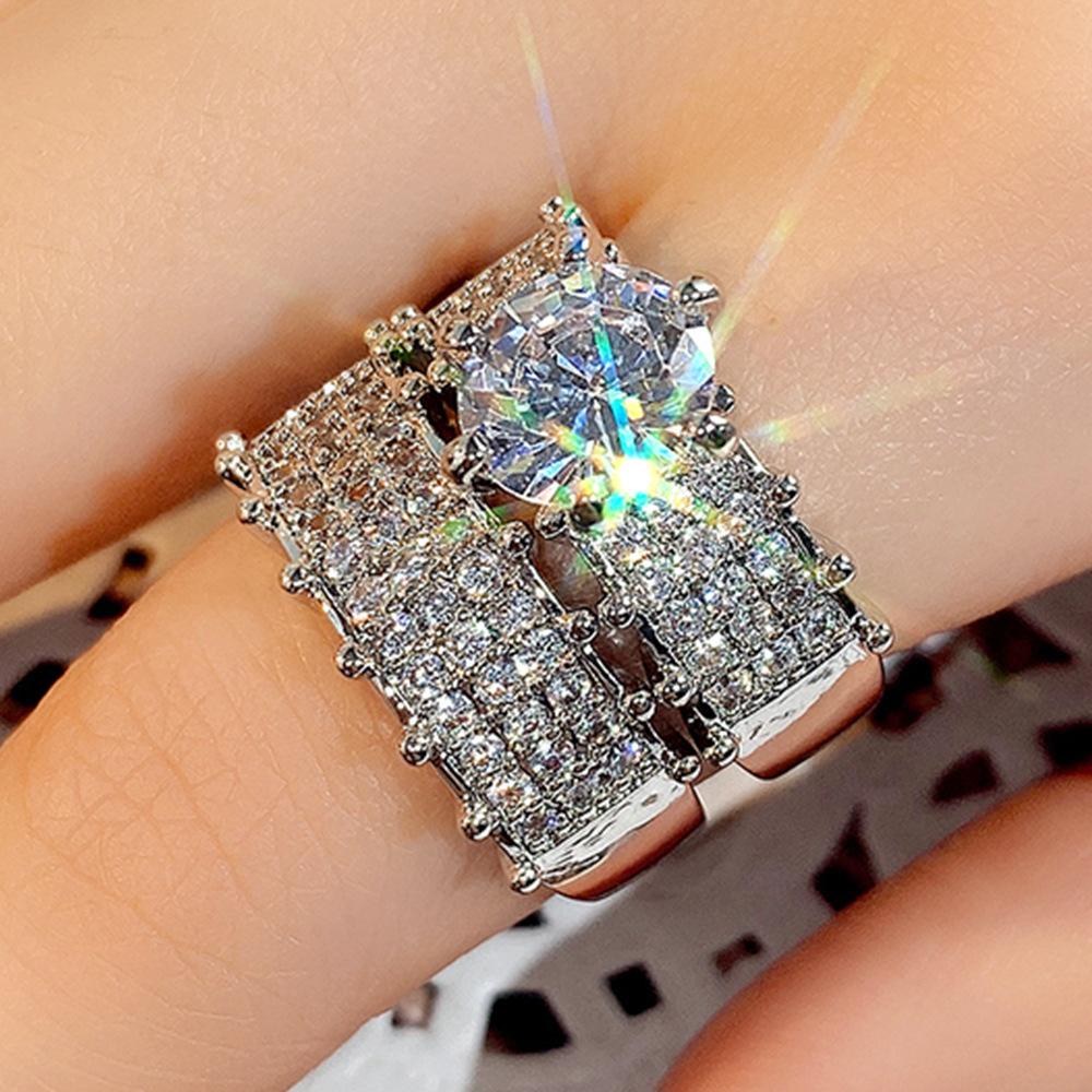 Shining Double-Layer Women'S Ring, High-End Zircon Platinum-Plated Luxury Wedding Ring, Dinner Bridal Jewelry