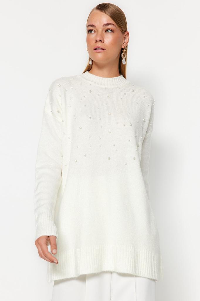 Women's Fashionable Stylish Hijab Sweater Ecru Pearl Detailed Knitwear Sweater