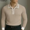 Autumn Men Lapel Neck Stitching Long Sleeve Rib Casual Loose Pullover Tops