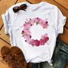 26 Letters Print T-Shirt Alphabet with Pink Flower Harajuku White Graphic Tee Casual Short Sleeve Lady Y2k Tops Women's Clothing