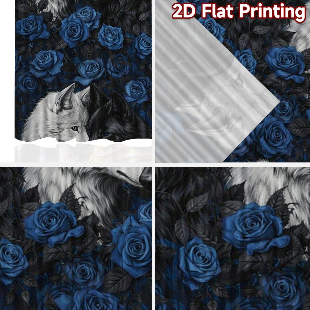 2D FLAT PRINTING 2pcs Curtains (Without Rod) Wolves and Blue Roses Fashionable Chic Curtains Versatile Polyester Fabric Curtains