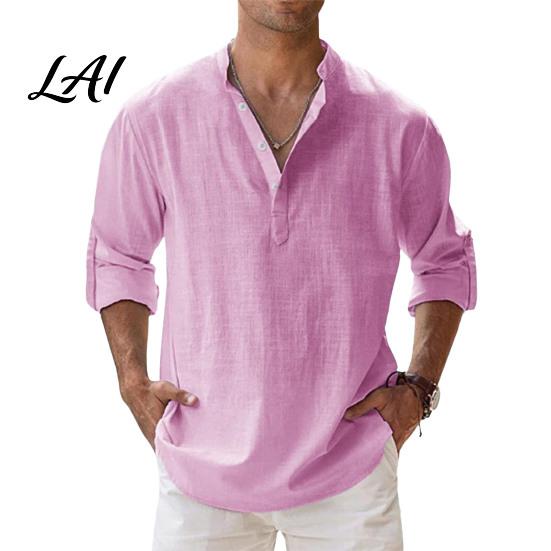 Comfortable Pullover Alternative Men Casual Shirt Tops Stand Collar Quarter Buttons Solid Color Breathable Tops for Summer Vacation Daily Wear