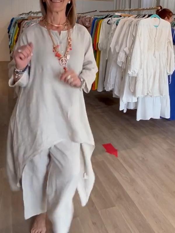 Женский однотонный повседневный летний комплект из хлопка и льна с длинными рукавами