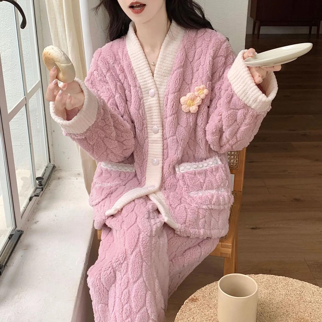 Пижамы женские зимние теплые пижамные комплекты из кораллового флиса плотная фланель домашняя одежда комплекты Kawaii одежда пижамы с длинным рукавом ночная рубашка