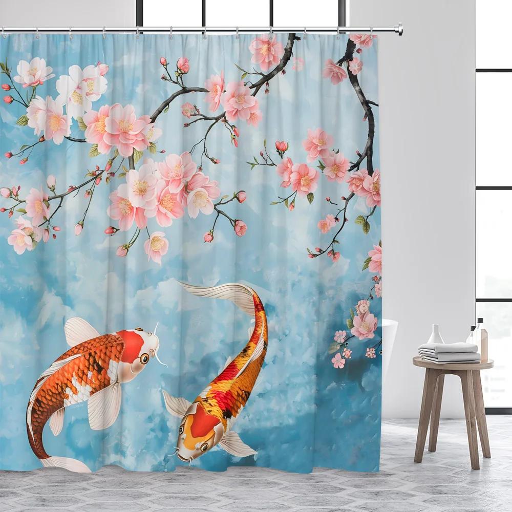 Занавеска для душа в японском стиле с кои, белый лотос, зеленые листья, озерный карп, цветочный арт, украшение для ванной комнаты, полиэстеровые шторы для ванной