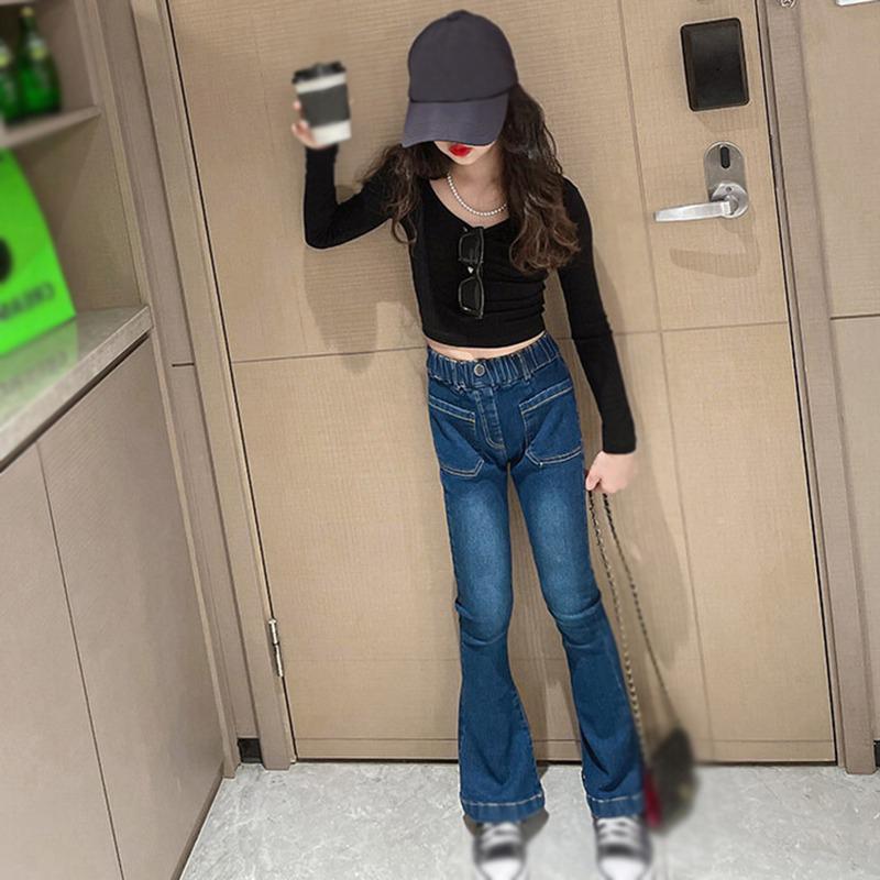 Расклешенные брюки для девочек, эластичные брюки с высокой талией