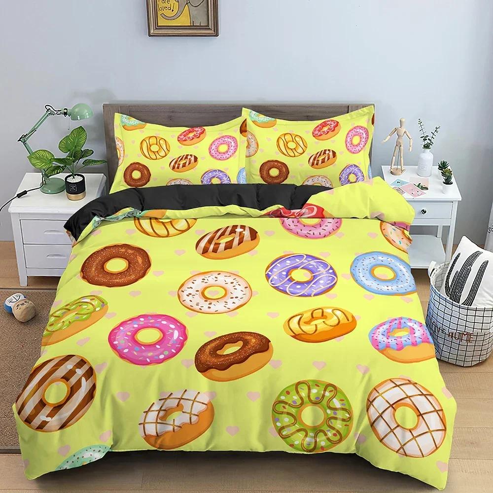 Donut Print Comfortable Duvet Quilt Cover Pillowcase Bedding Set Children Bedroom Decoration Home Textile