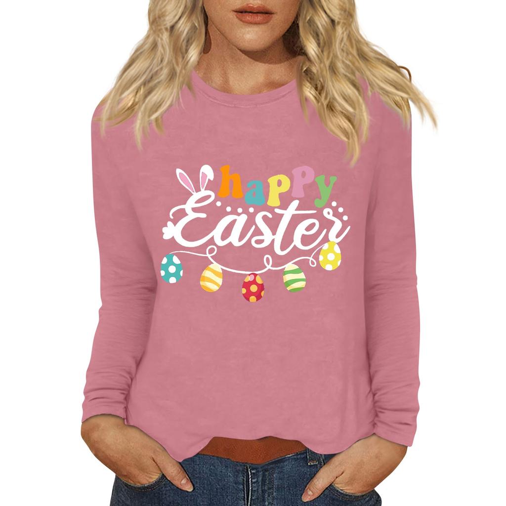 Long Sleeve Shirts For Women Easter Carnival Print Graphic Tees Blouses Casual Basic Tops Pullover