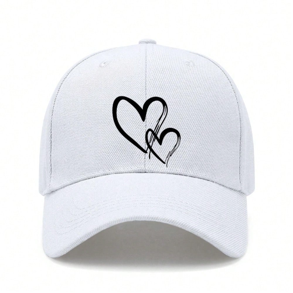 [Heart Print Baseball Cap] 2024 New Style Off-White Polyester Adjustable Breathable Casual Outdoor Sports Baseball Hat For Women Men Daily Wear