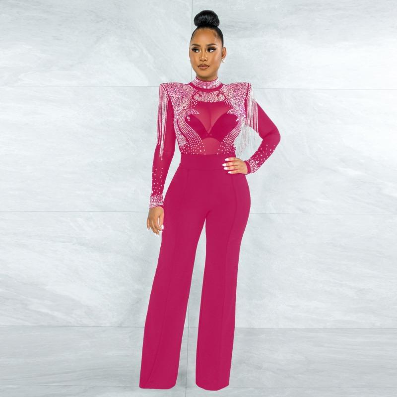 Women's Fashion Sexy Casual Slim High Neck See-through Hot Diamond Tassel Models Jumpsuit Women