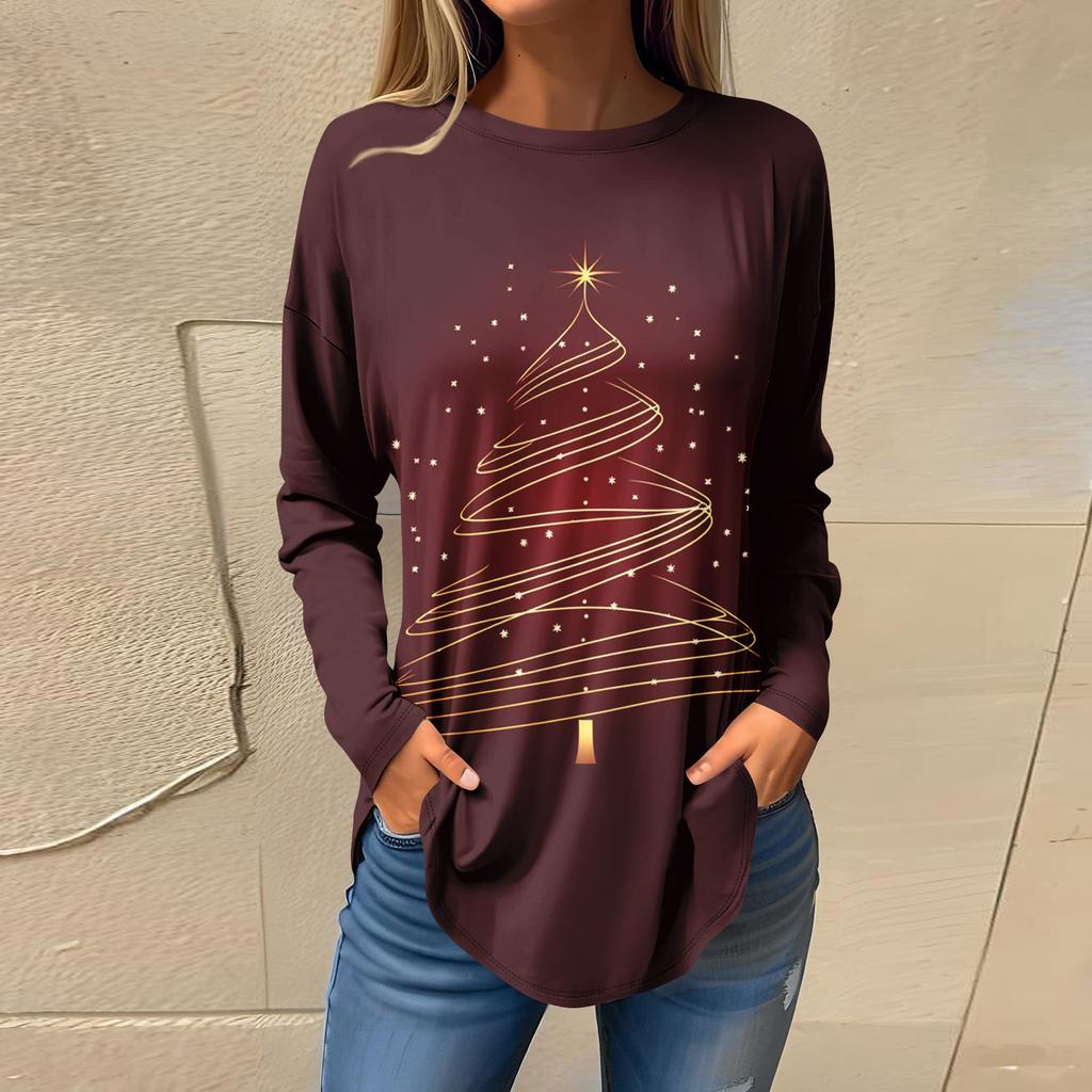 Футболки для женщин, осенние повседневные рубашки с длинными рукавами, толстовка с ретро-принтом, топ для рождественской вечеринки, пуловер